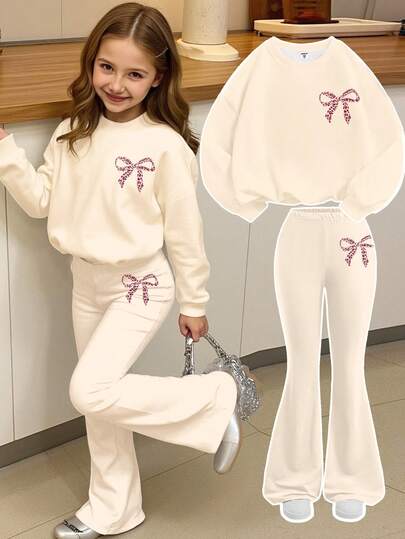 SHEIN 米色复古甜美粉色豹纹蝴蝶结装饰，芭蕾舞风格，舒适的季节，多巴胺，秋冬氛围，年轻女孩休闲宽松圆领长袖运动衫套装，2 件，适合秋冬季，圣诞氛围，圣诞礼物，秋冬服装，轻松舒适，适合婴儿和女孩的秋冬分层，时尚女孩，休闲装，婴儿和儿童图案上衣，新款，秋季新款，冬季时尚