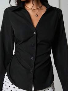 SHEIN Unity 1 pieza Blusa casual de mujer con cuello en V y manga larga fruncida, versátil para oficina/maestro, diseño minimalista de alta calidad, otoño/invierno - Negro - Ver 3
