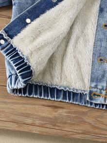 SHEIN Chaqueta vaquera para bebé niño, nueva de otoño/invierno, informal, suave, linda, cálida, con forro polar con capucha, holgada, térmica, estilo coreano, adecuada para otoño/invierno - Lavado ligero - Ver 2