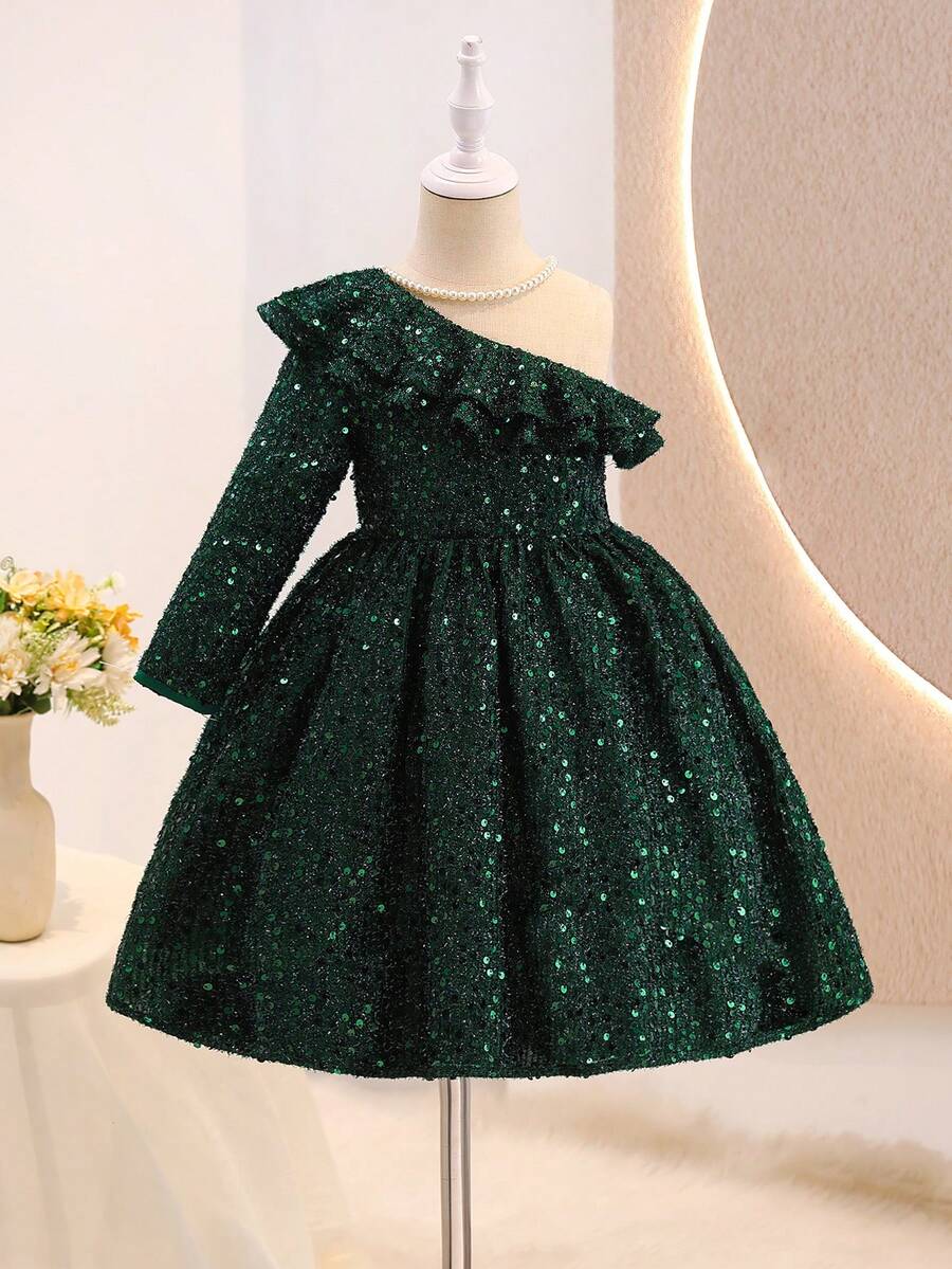 Vestido verde con lentejuelas de Navidad para niñas, vestido formal de fiesta de un hombro para niñas - Verde - Ver 1