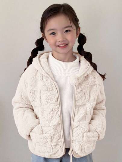 SHEIN Young Girl Heart Contrast Color Hooded Fleece Cardigan, Warm For Winter, Versatile For Casual Outings, Vacations, School And More