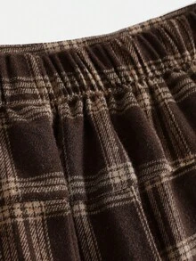 SHEIN Girlism 少女学院风校园装，黑色立领针织毛衣长袖 T 恤和棕色格子百褶裙两件套，休闲秋季 - 棕色 - 查看 6