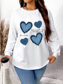 EMERY ROSE Casual Blue Heart Print Plus Size Curved Hem White Thermal Lined Loose Sweatshirt, Suitable For  Women Long Sleeve Tops Graphic,Spring - White - View 3