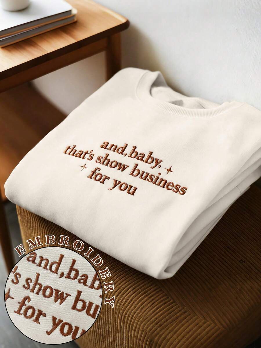 INAWLY Women's Sweatshirts/Letter Pattern Embroidery/Embroidery Crafts, Embroidery Styles/Fun Sweatshirts/Cute New Year Party Sweatshirts, Winter Retro Sweatshirts, Casual Simple Fashion Sweatshirts/Women's Loose Casual Round Neck Tops/Autumn And Winter - Beige - View 1