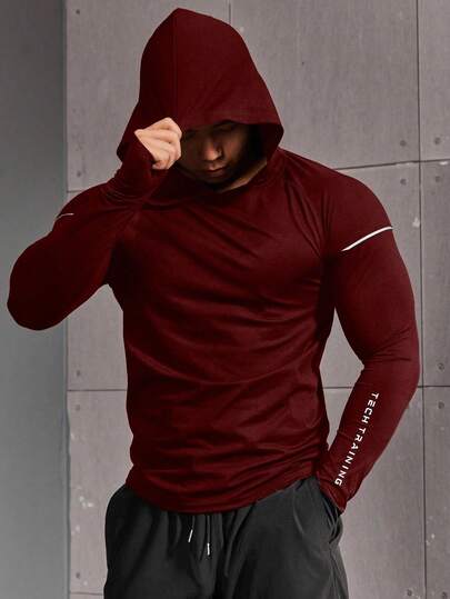 Manfinity Sport Corelite 男士字母印花长袖休闲连帽卫衣 长袖运动服 健身卫衣 男士运动服 健身房长袖上衣 压缩衣