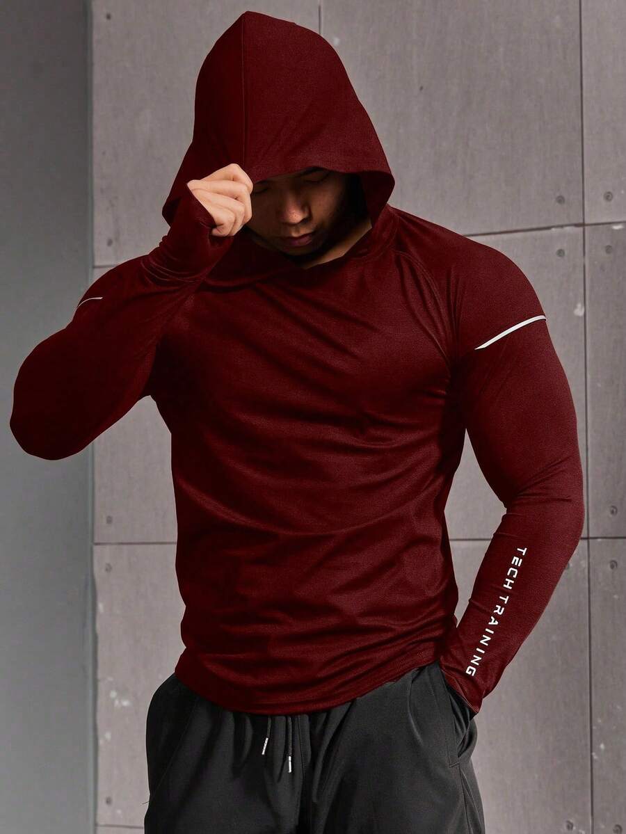 Gym Rark 男士字母印花长袖休闲连帽卫衣，长袖运动服，健身运动衫，男士运动服，健身房长袖上衣，压缩衣，轻薄款 - 酒紅色 - 查看 1
