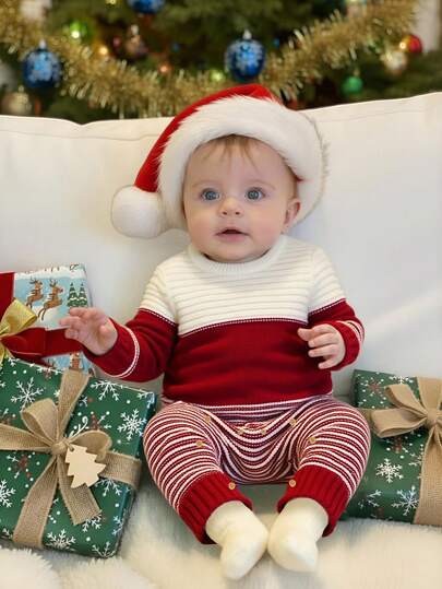 Barboteuse rayée rouge pour bébé/tout-petit, col rond minimaliste à manches longues, combinaison décontractée classique
