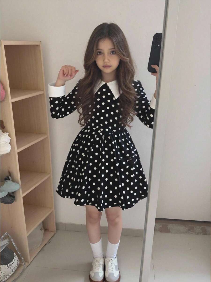 SHEIN Elladie kids Girls' Casual Black Contrast Collar Waist Knit Dress - Black - View 1