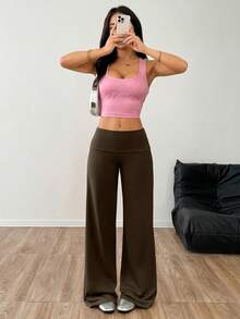 SHEIN EZwear 女士高腰阔腿宽松休闲裤 咖啡棕色 秋冬 - 咖啡棕 - 查看 3