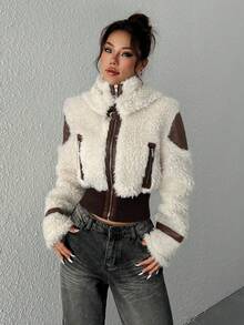 SHEIN EZwear Women's Jacket With PU Leather Front, Fleece Patchwork And Zipper Pockets In Fall/Winter - Coffee Brown - View 4