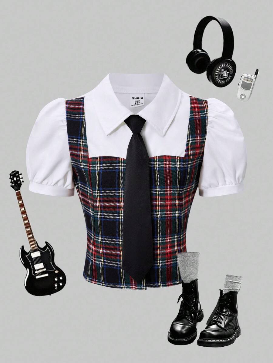 SHEIN Explorewe 青少年女孩休闲格子拼布泡泡袖衬衫，夏季