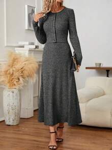 SHEIN Clasi Women's Solid Color Ribbed Knit Long Sleeve Jacket And Skirt 2-Piece Set - Grey - View 3