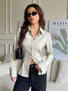 SHEIN EZwear Women's Apricot Front Button Long Sleeve Drawstring Casual Shirt, Elegant Ladies Blouse, Autumn/Winter - Apricot - View 3