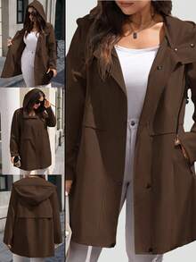 EMERY ROSE Plus Size Casual Solid Color Button-Up Hooded Windbreaker, Autumn/Winter - Brown - View 1