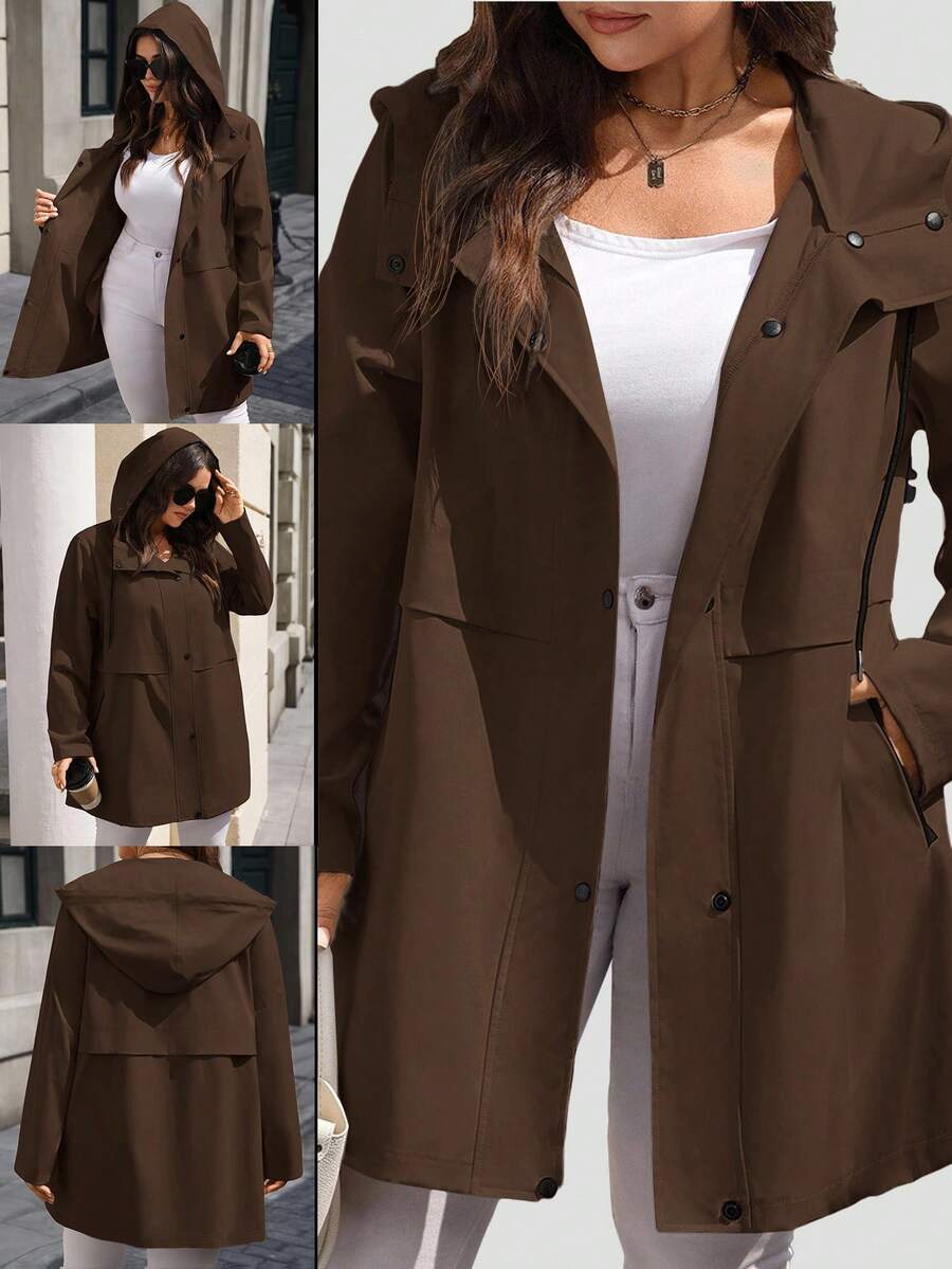 EMERY ROSE Plus Size Casual Solid Color Button-Up Hooded Windbreaker, Autumn/Winter - Brown - View 1