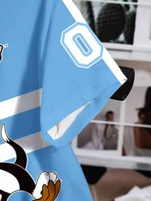 LOONEY TUNES X SHEIN Women's Casual Sports Style Cartoon Letter & Striped Print Short Sleeve T-Shirt, Summer