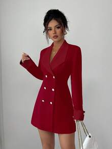 Selianne Váy ngắn dệt kim đen trắng tương phản tối giản cao cấp dài tay hở trước, cài hai hàng khuy, thích hợp cho bữa tối trang trọng, họp mặt chị em, hẹn hò buổi tối - Đỏ - Xem 3