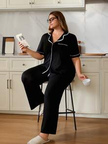 SHEIN Plus Size Front Button Contrast Trim Casual Top & Pants Loungewear Pajama Set, Outfits
