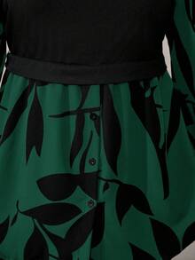 EMERY ROSE Blusa casual de punto con estampado floral y patchwork para mujer talla grande, otoño/invierno - Verde Oscuro - Ver 5