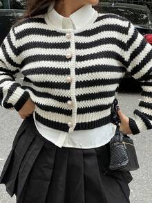 NegzBox Women's Casual Striped Cardigan,Long Sleeve Tops Fall Winter Cloth For Women - Black and White - View 3