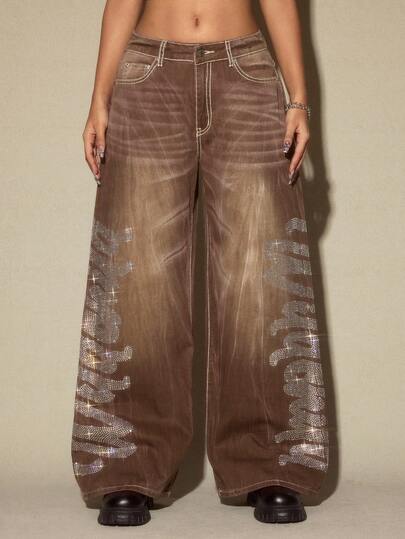 J-Fashion Women's Rhinestone Decor Pocket Loose Wide Leg Low Waist Jeans