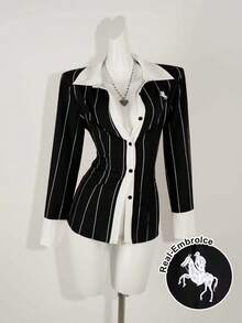 Zolique Women's Contrast Color Shoulder Long Sleeve Front Button Waist Fitted Shirt - Black - View 1
