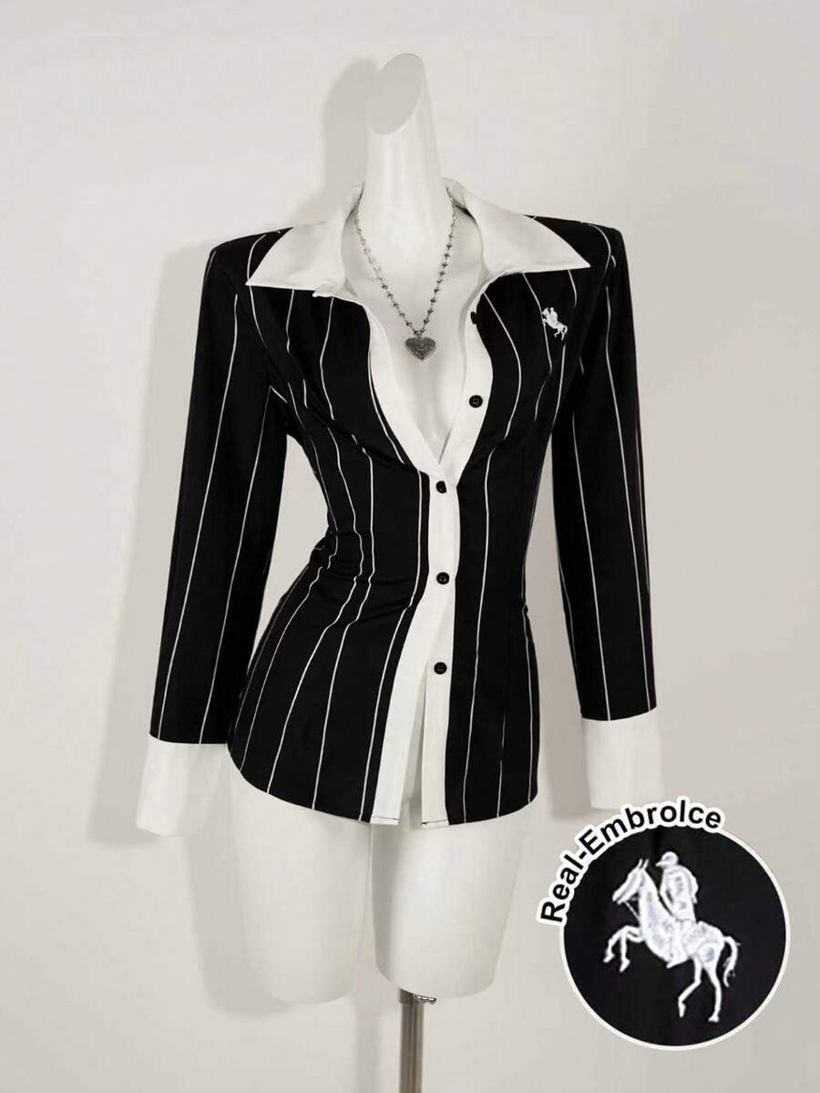 Zolique Women's Contrast Color Shoulder Long Sleeve Front Button Waist Fitted Shirt - Black - View 1