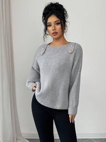 SHEIN Elenzya Women's Boat Neck Metal Button Dropped Shoulder Loose Fashion Sweater - Grey - View 5