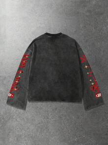 ROMWE MEN Anime Men's Casual Crew Neck Creative Graphic Print Washed Long Sleeve T-Shirt - Black - View 2