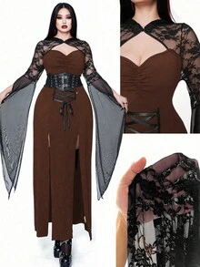 SHEIN Whyspr Váy xòe buộc dây phong cách Goth tối màu cỡ lớn cho nữ - màu nâu - Xem 1