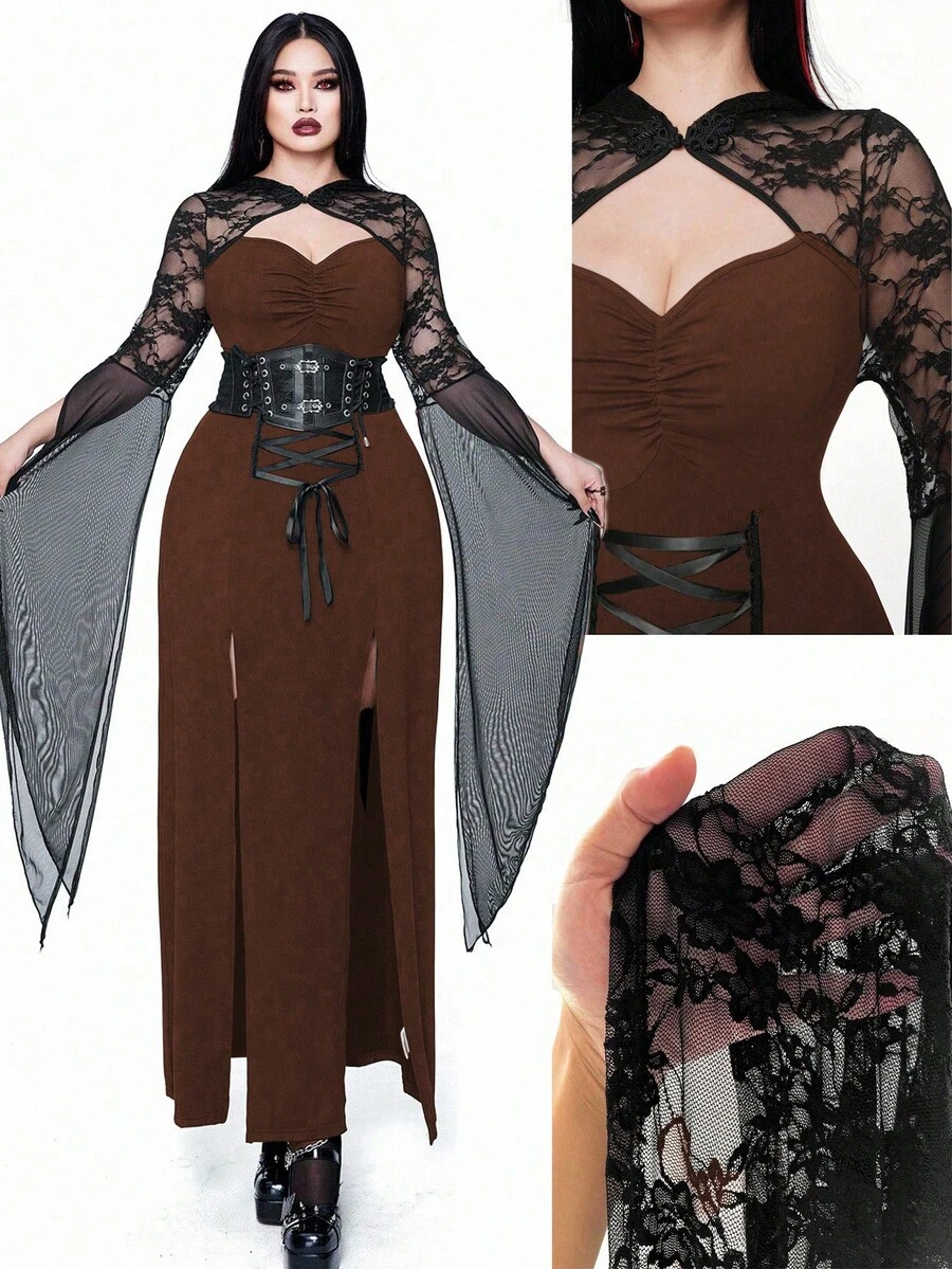 SHEIN Whyspr Váy xòe buộc dây phong cách Goth tối màu cỡ lớn cho nữ - màu nâu - Xem 1