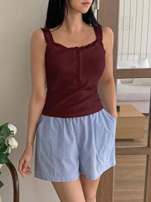 DAZY 2件套海岛度假风格蕾丝边加厚吊带背心和条纹短裤睡衣套装女士 - 酒紅色 - 查看 6