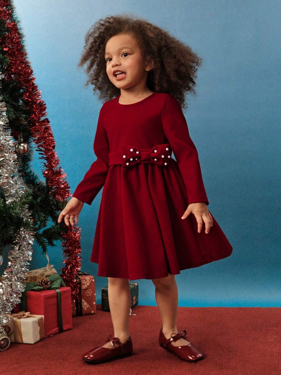 Maija Kids Young Girl Burgundy Bow Beaded Round Neck Long Sleeve Elegant Dress - Burgundy - View 1