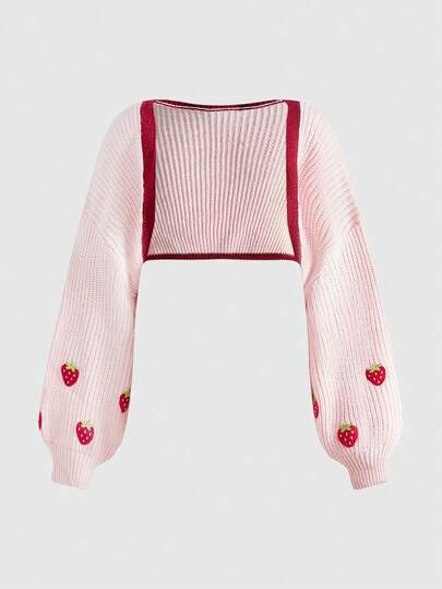 Cardigan corto a maniche lunghe in maglia vintage kawaii e carino con stampa fragola, adatto per autunno/inverno, taglie comode