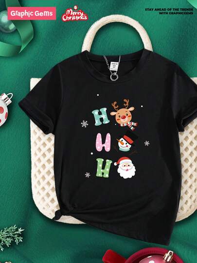GraphicGems Camisa de Natal com Papai Noel, estampa de rena e árvore de Natal, camiseta engraçada com boneco de gengibre, camiseta casual de manga curta com estampa de letras, blusas de festa de Natal com design fofo de floco de neve