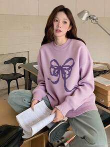 DAZY 女式宽松圆领蝴蝶结图案毛衣 - 淡紫色 - 查看 4