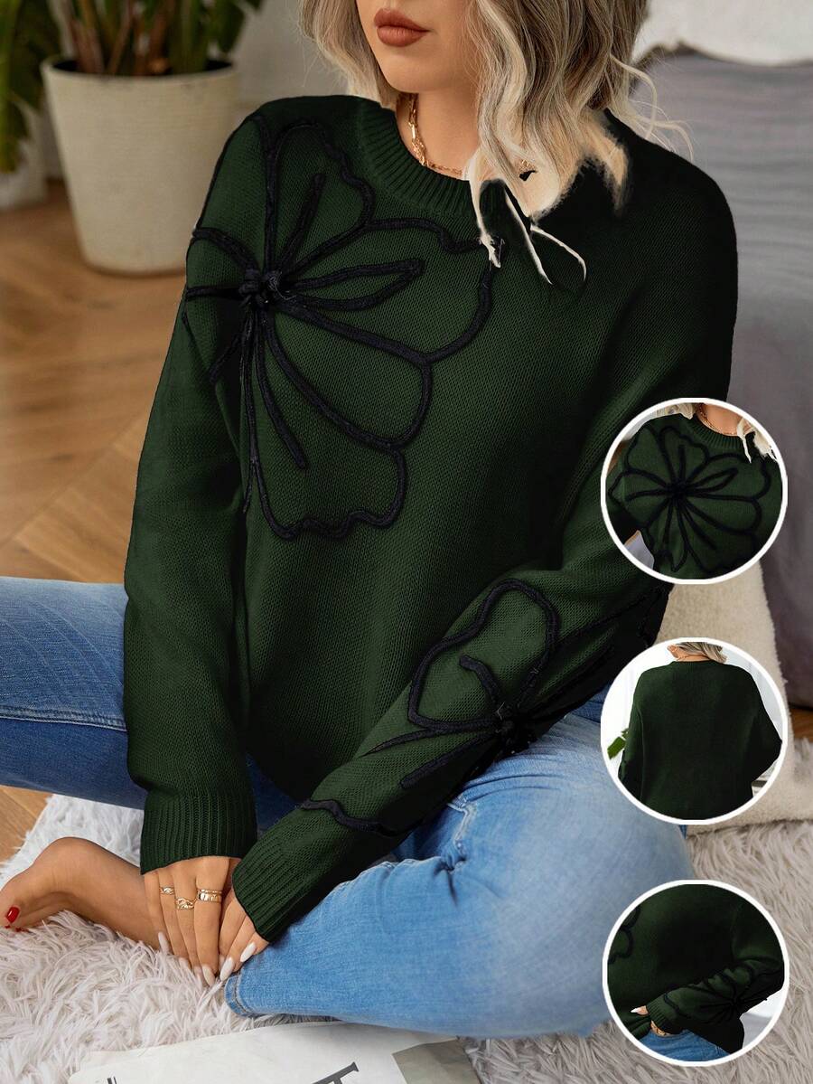 Calvaya Plus Size Women Floral Pattern Dropped Shoulder Loose Pullover Sweater, Casual & Commuting, Autumn/Winter - Army Green - View 1