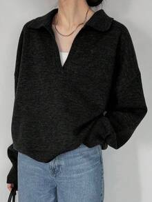 FRIFUL 女式纯色深灰色翻领落肩长袖宽松休闲百搭毛衣，秋冬