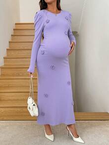 SHEIN Pregnant Women Solid Color 3D Floral Decor Round Neck Bubble Long Sleeve Fitted Elegant Dress Pregnant Outfits Lavender Maternity Dress Maternity Outfits Maternity Dress Baby Shower Pregnancy Dress For Photoshoot Winter Clothes  Long Party Dresses  Elegant Party Dress Chic