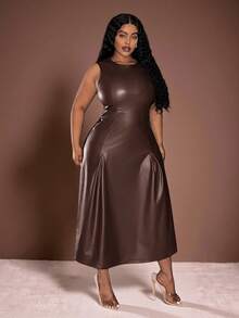 Veslaya 2026春夏新款非洲波西米亚风音乐节休闲度假优雅海岛度假村派对晚宴鸡尾酒会通勤日常穿着纯色橄榄绿弹力PU无袖圆领连衣裙，大码 - 鏽棕色 - 查看 7