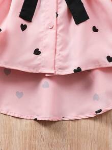 SHEIN Tween Girl Heart Print Ruffle Cuff Long Sleeve Blouse With Sash Belt And Legging Set, Autumn - Pink - View 5