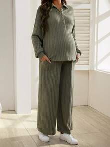 SHEIN 2pcs Maternity Solid Color Casual Long Sleeve Shirt And Pants Set