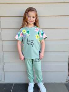 SHEIN Elladie kids Set de 2 piezas de camiseta y pantalones casuales con estampado floral para niñas jóvenes, adecuado para exteriores, deportes, primavera, verano, otoño