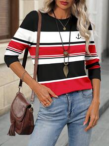 EMERY ROSE Casual Women's Striped Long-Sleeved T-Shirt, Autumn And Winter Fashion Bottoming Shirt