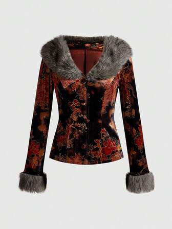 Hippie Blusa vintage da donna con stampa floreale e patchwork in pelliccia