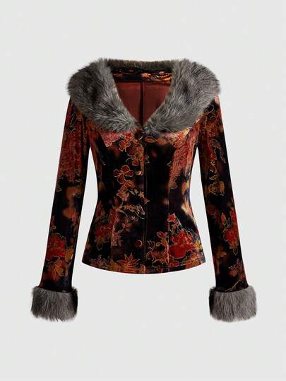 Hippie Blusa de mujer con estampado floral vintage y parches de felpa para Halloween