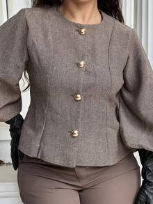 NegzBox 优雅复古法式女式浪漫约会奢华高端设计人字形圆领短款灯笼袖收腰金属纽扣西装外套 - 彩色 - 查看 3