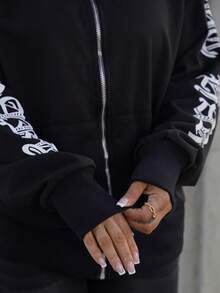 SAYEHFBABY 黑色字母图案拉链插肩袖连帽衫，毕业长袖上衣，返校服装，毕业典礼，女士教师服装，秋冬返校 - 黑色 - 查看 3