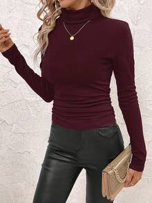 SHEIN Clasi Women's Stand Collar Gathered Waist Fleece Warm T-Shirt,Red Top,Christmas,Red Tops For Women - Burgundy - View 8