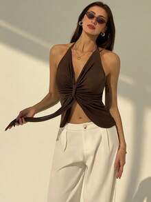 Aloruh 全新棕色音乐节性感露背细肩带深 V 领系带女式背心 - 棕色 - 查看 9